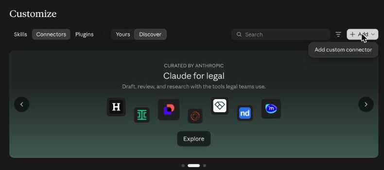 Customize → Connectors → «+ Add» → Add custom connector